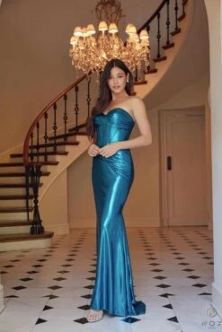 Nox Anabel T1499 Dress Strapless Metallic Satin Fitted Gown(Nox Anabel T1499 Dress Strapless Metallic Satin Fitted Gown) -Dress Promotion Store T1499 nox anabel teal side