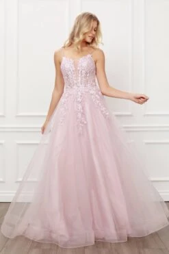 Nox Anabel T449 Floral Embellished Beaded Bodice A-Line Gown(Floral Embellished Beaded Bodice Blush A Line Ball Gown) -Dress Promotion Store T449 nox anabel blush side