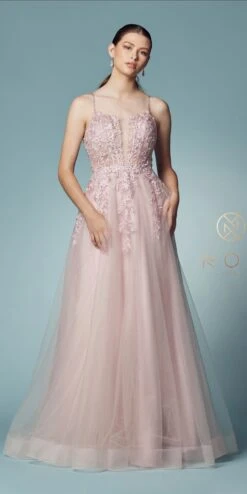 Nox Anabel T449 Floral Embellished Beaded Bodice A-Line Gown(Floral Embellished Beaded Bodice Blush A Line Ball Gown) -Dress Promotion Store T449 BLUSH 2