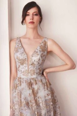 Ladivine Amoris T606 Long Sleeveless Glitter Print A-Line Gown(Ladivine Amoris T606 Long Sleeveless Glitter Print A Line Gown) -Dress Promotion Store T606 GOLD MIST 2