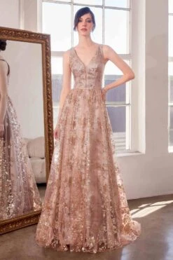Ladivine Amoris T606 Long Sleeveless Glitter Print A-Line Gown(Ladivine Amoris T606 Long Sleeveless Glitter Print A Line Gown) -Dress Promotion Store T606 MOCHA GOLD FRONT