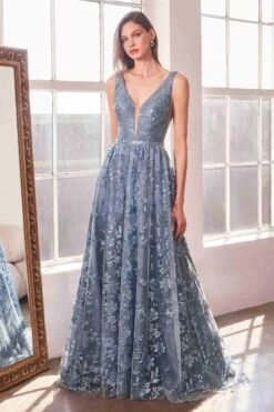 Ladivine Amoris T606 Long Sleeveless Glitter Print A-Line Gown(Ladivine Amoris T606 Long Sleeveless Glitter Print A Line Gown) -Dress Promotion Store T606 SMOKY BLUE FRONT
