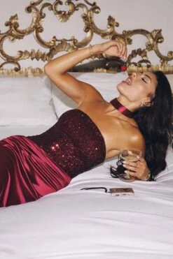 Amoris T609 Strapless Fitted Satin Gown Sequin Bodice Side Slit(Amoris T609 Strapless Fitted Satin Gown Sequin Bodice Side Slit) -Dress Promotion Store T609 BURGUNDY 2