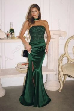 Amoris T609 Strapless Fitted Satin Gown Sequin Bodice Side Slit(Amoris T609 Strapless Fitted Satin Gown Sequin Bodice Side Slit) -Dress Promotion Store T609 EMERALD FRONT