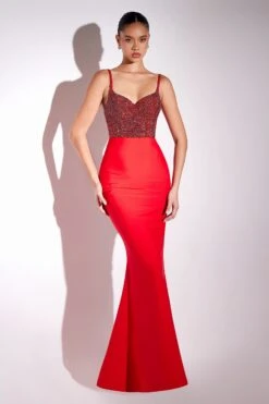 Ladivine Amoris T9002 Long Fitted Embellished Bodice Formal Gown(Ladivine Amoris T9002 Long Fitted Embellished Bodice Formal Gown) -Dress Promotion Store T9002P RED FRONT