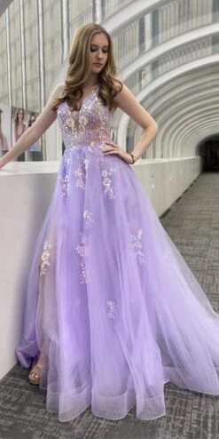 Amelia Couture TM1003 Long A-Line Ethereal Mesh Skirt Side Slit Dress(Amelia Couture Tm1003 Long A Line Ethereal Mesh Skirt Side Slit Dress) -Dress Promotion Store TM1003 LILAC