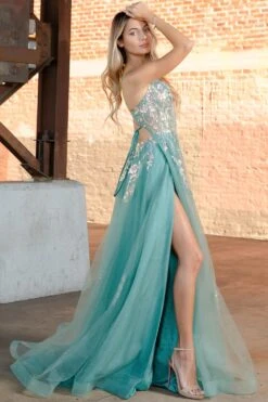 Amelia Couture TM1003 Long A-Line Ethereal Mesh Skirt Side Slit Dress(Amelia Couture Tm1003 Long A Line Ethereal Mesh Skirt Side Slit Dress) -Dress Promotion Store TM1003 SAGE SIDE3