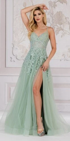 Amelia Couture TM1006 Long A-Line Embroidered Bodice Leg Slit Dress(Amelia Couture Tm1006 Long A Line Embroidered Bodice Leg Slit Dress) -Dress Promotion Store TM1006 SAGE
