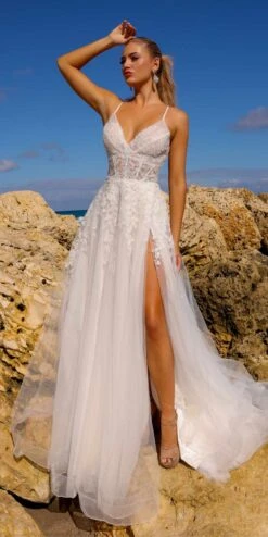 Amelia Couture TM1006 Long A-Line Embroidered Bodice Leg Slit Dress(Amelia Couture Tm1006 Long A Line Embroidered Bodice Leg Slit Dress)