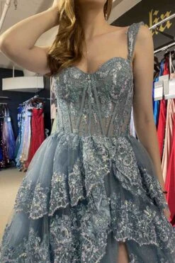 Amelia Couture TM1012 Long A-Line Layered Skirt Off Shoulder Corset Dress(Amelia Couture Tm1012 Long A Line Layered Skirt Off Shoulder Corset Dress) -Dress Promotion Store TM1012VINTAGEBLUE 2