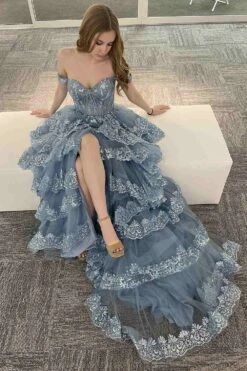 Amelia Couture TM1012 Long A-Line Layered Skirt Off Shoulder Corset Dress(Amelia Couture Tm1012 Long A Line Layered Skirt Off Shoulder Corset Dress) -Dress Promotion Store TM1012VINTAGEBLUE 3