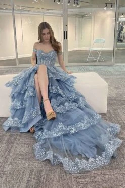 Amelia Couture TM1012 Long A-Line Layered Skirt Off Shoulder Corset Dress(Amelia Couture Tm1012 Long A Line Layered Skirt Off Shoulder Corset Dress) -Dress Promotion Store TM1012VINTAGEBLUE 4