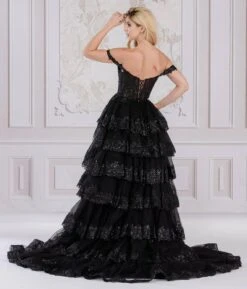 Amelia Couture TM1012 Long A-Line Layered Skirt Off Shoulder Corset Dress(Amelia Couture Tm1012 Long A Line Layered Skirt Off Shoulder Corset Dress) -Dress Promotion Store TM1012 BLACK BACK