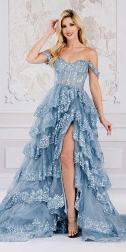 Amelia Couture TM1012 Long A-Line Layered Skirt Off Shoulder Corset Dress(Amelia Couture Tm1012 Long A Line Layered Skirt Off Shoulder Corset Dress) -Dress Promotion Store TM1012 VINTAGE BLUE