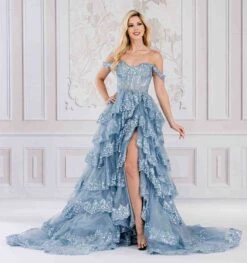 Amelia Couture TM1012 Long A-Line Layered Skirt Off Shoulder Corset Dress(Amelia Couture Tm1012 Long A Line Layered Skirt Off Shoulder Corset Dress) -Dress Promotion Store TM1012 VINTAGE BLUE FULL