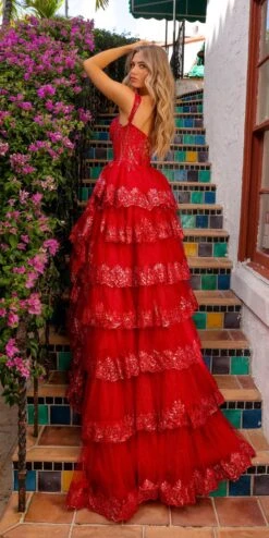 Amelia Couture TM1012 Long A-Line Layered Skirt Off Shoulder Corset Dress(Amelia Couture Tm1012 Long A Line Layered Skirt Off Shoulder Corset Dress) -Dress Promotion Store TM1012 amelia red back