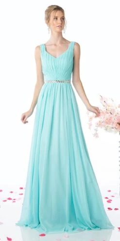Cinderella Divine W0014 Long Gown Sleeveless Pleated Rhinestone Waist(Floor Length Aqua Gown Sleeveless Pleated Rhinestone Waist)