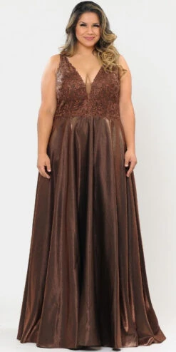 Lindas W1032 Floor Length Embroidered Bodice Top Satin Skirt Pocket Dress(Lindas W1032 Floor Length Embroidered Bodice Top Satin Skirt Pocket Dress) -Dress Promotion Store W1032 BROWN