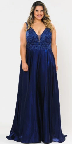 Lindas W1032 Floor Length Embroidered Bodice Top Satin Skirt Pocket Dress(Lindas W1032 Floor Length Embroidered Bodice Top Satin Skirt Pocket Dress) -Dress Promotion Store W1032 NAVY