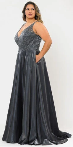 Lindas W1032 Floor Length Embroidered Bodice Top Satin Skirt Pocket Dress(Lindas W1032 Floor Length Embroidered Bodice Top Satin Skirt Pocket Dress) -Dress Promotion Store W1032 SILVERSIDE