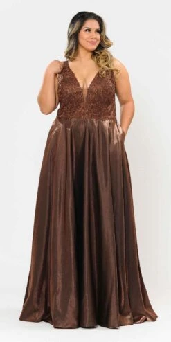 Lindas W1032 Floor Length Embroidered Bodice Top Satin Skirt Pocket Dress(Lindas W1032 Floor Length Embroidered Bodice Top Satin Skirt Pocket Dress)