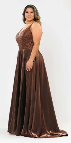 Lindas W1032 Floor Length Embroidered Bodice Top Satin Skirt Pocket Dress(Lindas W1032 Floor Length Embroidered Bodice Top Satin Skirt Pocket Dress) -Dress Promotion Store W1032Mocha 3 side