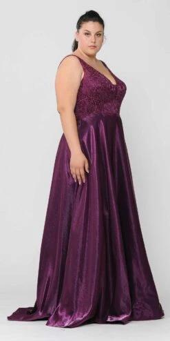 Lindas W1032 Floor Length Embroidered Bodice Top Satin Skirt Pocket Dress(Lindas W1032 Floor Length Embroidered Bodice Top Satin Skirt Pocket Dress) -Dress Promotion Store W1032PLUM 3 side