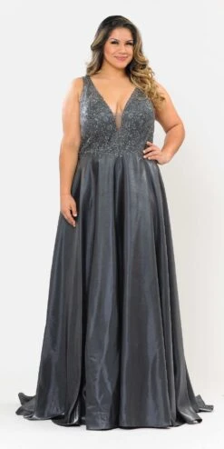 Lindas W1032 Floor Length Embroidered Bodice Top Satin Skirt Pocket Dress(Lindas W1032 Floor Length Embroidered Bodice Top Satin Skirt Pocket Dress) -Dress Promotion Store W1032Silver 1