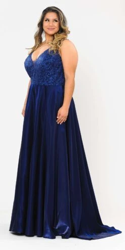 Lindas W1032 Floor Length Embroidered Bodice Top Satin Skirt Pocket Dress(Lindas W1032 Floor Length Embroidered Bodice Top Satin Skirt Pocket Dress) -Dress Promotion Store W1032navy 3 side