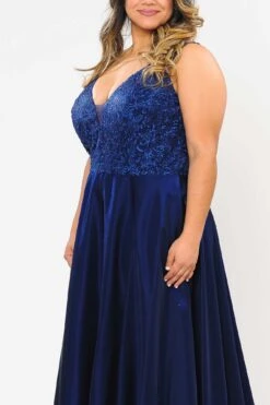 Lindas W1032 Floor Length Embroidered Bodice Top Satin Skirt Pocket Dress(Lindas W1032 Floor Length Embroidered Bodice Top Satin Skirt Pocket Dress) -Dress Promotion Store W1032navy 3 closeup