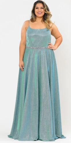 Lindas W1038 Square Neck Rhinestone Belt Iridescent Glitter Plus Size Dress(Lindas W1038 Square Neck Rhinestone Belt Iridescent Glitter Plus Size Dress) -Dress Promotion Store W1038 GREEN