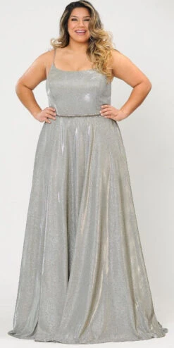 Lindas W1038 Square Neck Rhinestone Belt Iridescent Glitter Plus Size Dress(Lindas W1038 Square Neck Rhinestone Belt Iridescent Glitter Plus Size Dress) -Dress Promotion Store W1038 SILVER