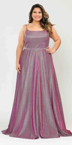 Lindas W1038 Square Neck Rhinestone Belt Iridescent Glitter Plus Size Dress(Lindas W1038 Square Neck Rhinestone Belt Iridescent Glitter Plus Size Dress) -Dress Promotion Store W1038Magenta 2