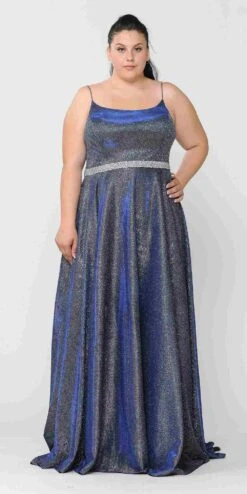 Lindas W1038 Square Neck Rhinestone Belt Iridescent Glitter Plus Size Dress(Lindas W1038 Square Neck Rhinestone Belt Iridescent Glitter Plus Size Dress) -Dress Promotion Store W1038ROYAL 2