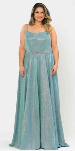 Lindas W1038 Square Neck Rhinestone Belt Iridescent Glitter Plus Size Dress(Lindas W1038 Square Neck Rhinestone Belt Iridescent Glitter Plus Size Dress) -Dress Promotion Store W1038Teal 2