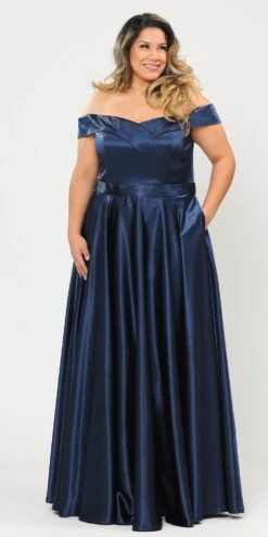 Lindas W1058 Off The Shoulder Floor Length Shinny Dress With Pocket(Lindas W1058 Off The Shoulder Floor Length Shinny Dress With Pocket) -Dress Promotion Store W1058NAVY 1