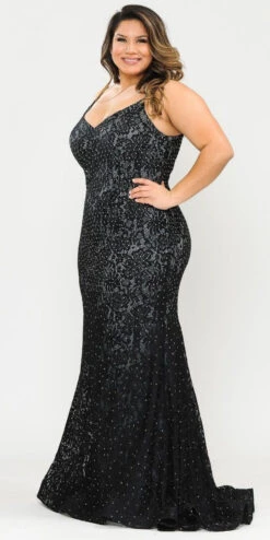 Lindas W1090 Floor Length Spaghetti Straps Stretch Lace Plus Size Dress(Lindas W1090 Floor Length Spaghetti Straps Stretch Lace Plus Size Dress) -Dress Promotion Store W1090 BLACKSIDE