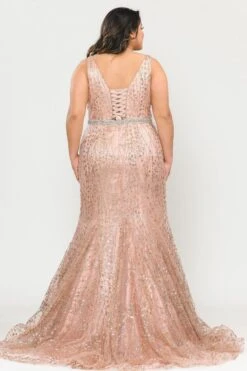 Lindas W1092 Full Length Jewel Belt Deep Illusion V-Neck Plus Size Dress(Lindas W1092 Full Length Jewel Belt Deep Illusion V Neck Plus Size Dress) -Dress Promotion Store W1092 GOLDBACK