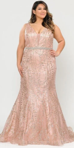 Lindas W1092 Full Length Jewel Belt Deep Illusion V-Neck Plus Size Dress(Lindas W1092 Full Length Jewel Belt Deep Illusion V Neck Plus Size Dress) -Dress Promotion Store W1092 GOLDFRONT