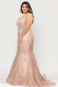 Lindas W1092 Full Length Jewel Belt Deep Illusion V-Neck Plus Size Dress(Lindas W1092 Full Length Jewel Belt Deep Illusion V Neck Plus Size Dress) -Dress Promotion Store W1092 GOLDSIDE