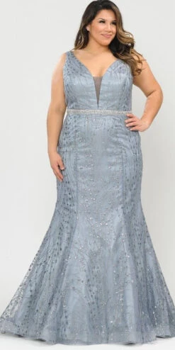 Lindas W1092 Full Length Jewel Belt Deep Illusion V-Neck Plus Size Dress(Lindas W1092 Full Length Jewel Belt Deep Illusion V Neck Plus Size Dress)