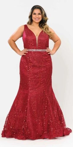 Lindas W1092 Full Length Jewel Belt Deep Illusion V-Neck Plus Size Dress(Lindas W1092 Full Length Jewel Belt Deep Illusion V Neck Plus Size Dress) -Dress Promotion Store W1092Red 2