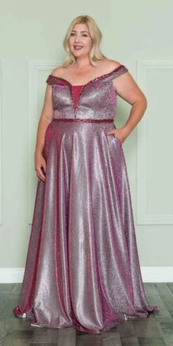 Lindas W1096 Off The Shoulder Glitter Knit A-Line Gown With Pockets(Lindas W1096 Off The Shoulder Glitter Knit A Line Gown With Pockets) -Dress Promotion Store W1096Magenta 6 side