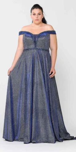 Lindas W1096 Off The Shoulder Glitter Knit A-Line Gown With Pockets(Lindas W1096 Off The Shoulder Glitter Knit A Line Gown With Pockets) -Dress Promotion Store W1096ROYAL 1