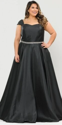 Lindas W1104 Cap Sleeves Off The Shoulder Rhinestone Belt Long Gown Side Pocket(Lindas W1104 Cap Sleeves Off The Shoulder Rhinestone Belt Long Gown Side Pocket) -Dress Promotion Store W1104 BLACK