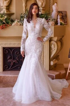 Andrea & Leo WL036 Dress Long Sleeve Lace Mermaid Bridal Gown(Andrea Leo Wl036 Dress Long Sleeve Lace Mermaid Bridal Gown) -Dress Promotion Store WL036 OFF WHITE