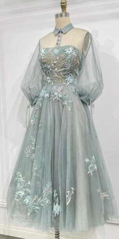 Andrea & Leo A0862 Tea-Length Tulle Embroidered Lace Dress Long Sleeves(Blush Tea Length Prom Dress With Illusion Long Sleeves) 27 Andrea & Leo A0862 Tea-Length Tulle Embroidered Lace Dress Long Sleeves(Blush Tea Length Prom Dress With Illusion Long Sleeves) -Dress Promotion Store a0862 sage 3