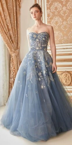 Andrea & Leo A0890 Constellation Dream Strapless Long Dress(Silver Strapless Long Prom Dress With Lace Up Back)