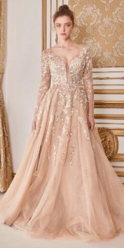 Andrea & Leo A1215 Champagne Long Sleeve Beaded A-Line Gown(Andrea Leo A1215 Champagne Long Sleeve Beaded A Line Gown)