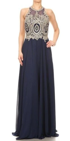 J&J Fashion C1500 Halter Appliqued Long Prom Dress(Halter Appliqued Long Prom Dress Navy Blue)